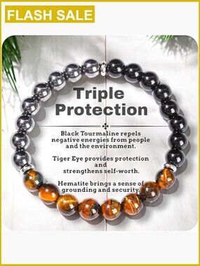 Natural Stone Healing Bracelet - Tiger Eye, Black Tourmaline & Hematite